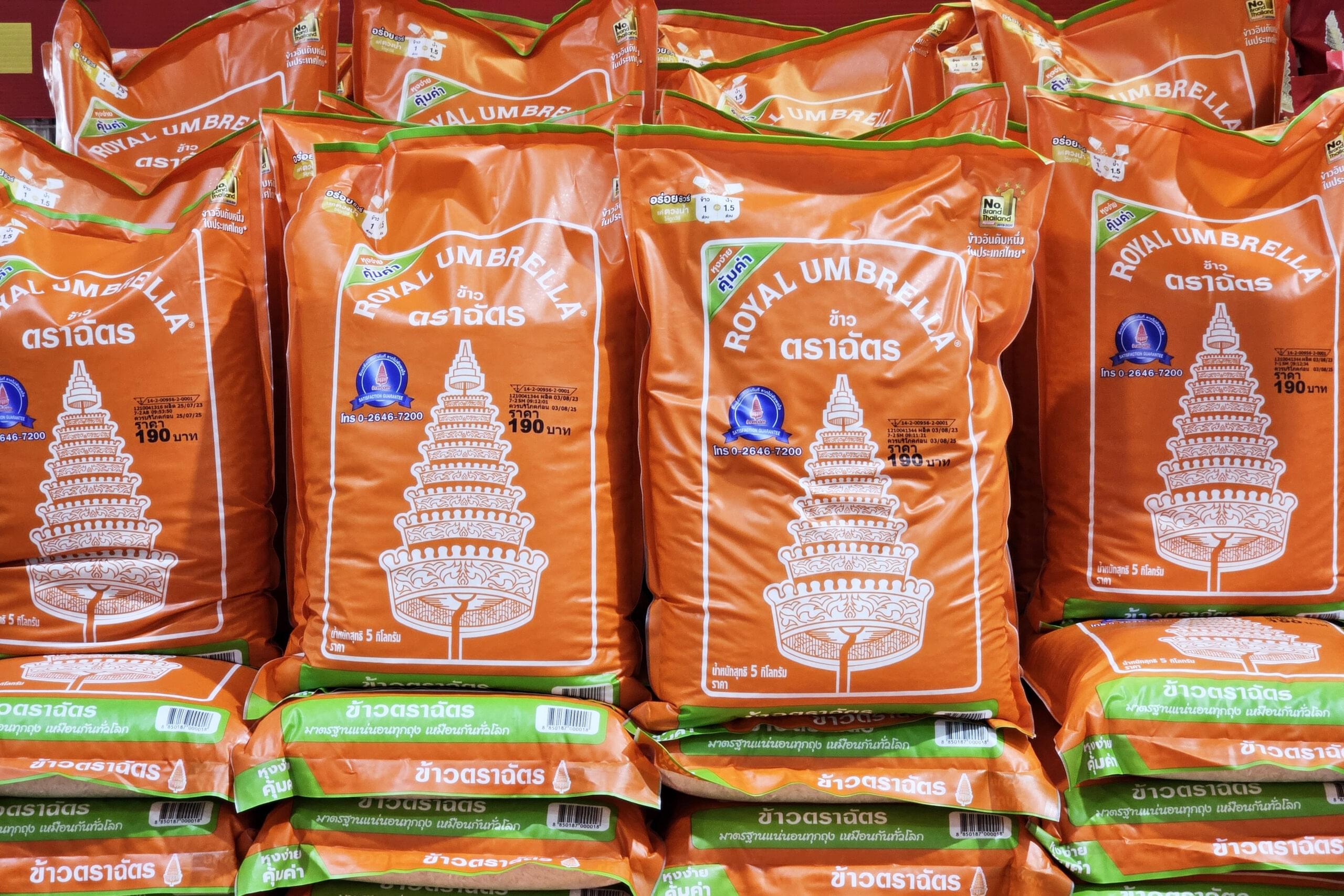 RoyalUbrella rice on shelf. It is famous rice in Thailand.